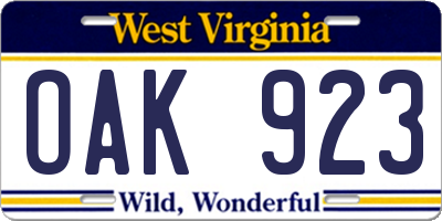 WV license plate OAK923