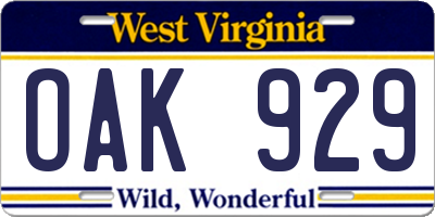 WV license plate OAK929