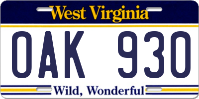 WV license plate OAK930