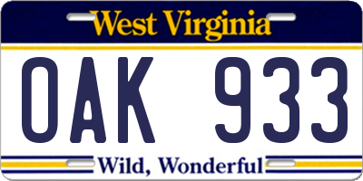 WV license plate OAK933