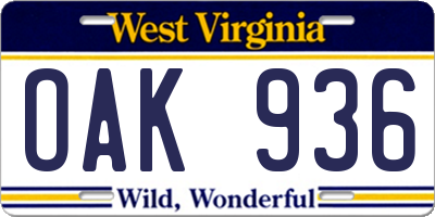 WV license plate OAK936