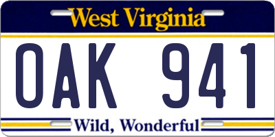 WV license plate OAK941