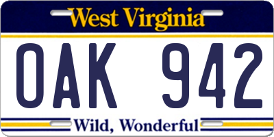 WV license plate OAK942