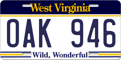 WV license plate OAK946