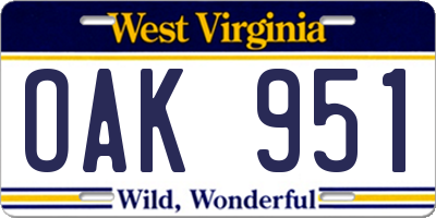 WV license plate OAK951