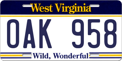 WV license plate OAK958