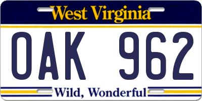 WV license plate OAK962