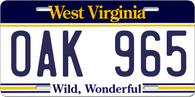 WV license plate OAK965