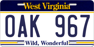 WV license plate OAK967
