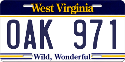 WV license plate OAK971