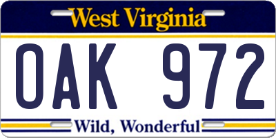 WV license plate OAK972
