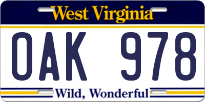 WV license plate OAK978