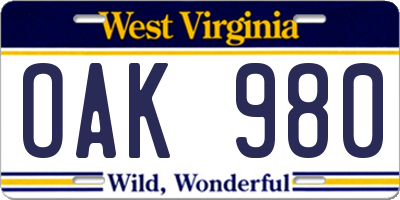 WV license plate OAK980