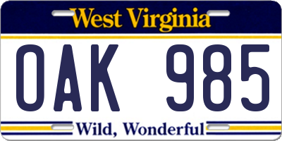 WV license plate OAK985