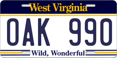 WV license plate OAK990