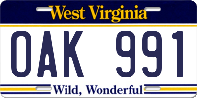 WV license plate OAK991