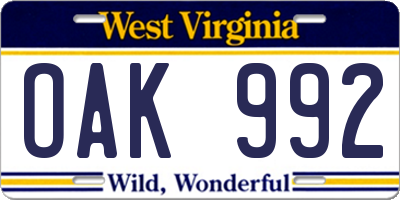 WV license plate OAK992