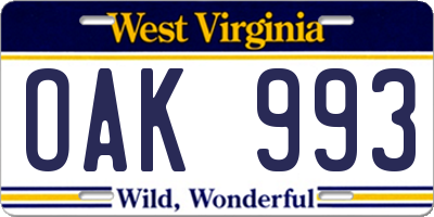 WV license plate OAK993