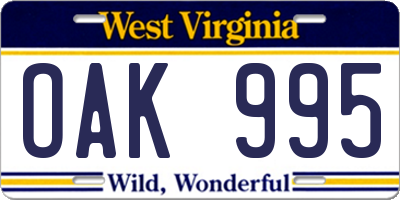 WV license plate OAK995