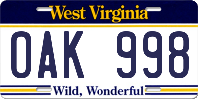 WV license plate OAK998