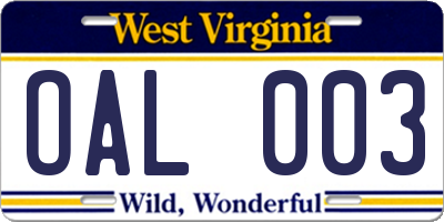 WV license plate OAL003