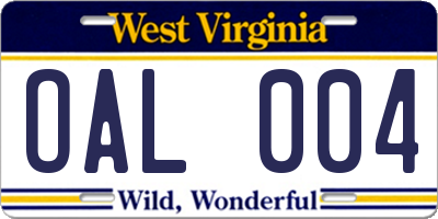 WV license plate OAL004