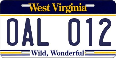 WV license plate OAL012