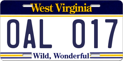 WV license plate OAL017