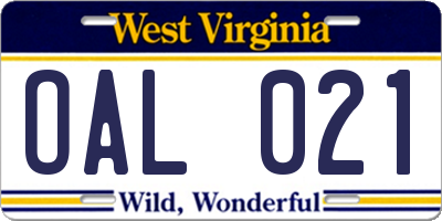 WV license plate OAL021