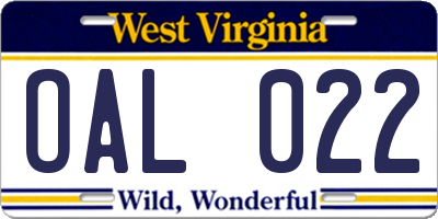 WV license plate OAL022