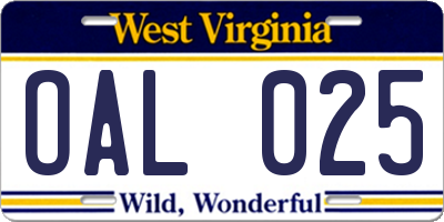 WV license plate OAL025