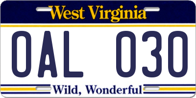 WV license plate OAL030