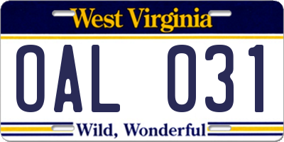 WV license plate OAL031