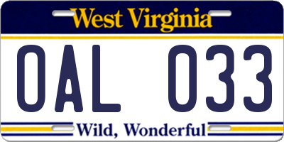 WV license plate OAL033