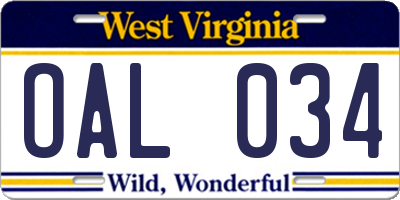 WV license plate OAL034