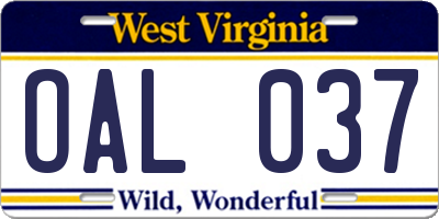 WV license plate OAL037