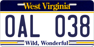 WV license plate OAL038