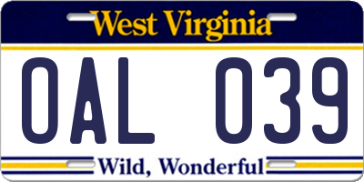 WV license plate OAL039