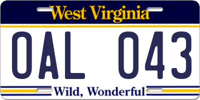 WV license plate OAL043