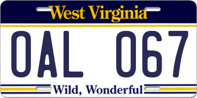 WV license plate OAL067