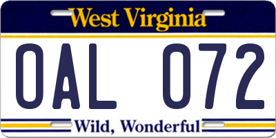 WV license plate OAL072