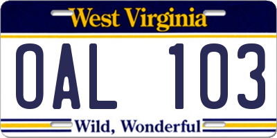 WV license plate OAL103
