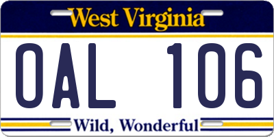 WV license plate OAL106