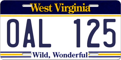 WV license plate OAL125