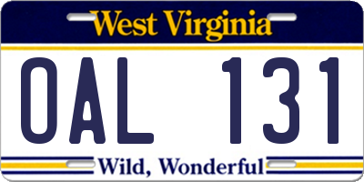 WV license plate OAL131