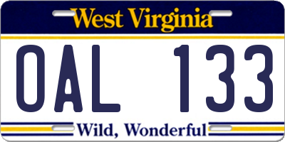 WV license plate OAL133