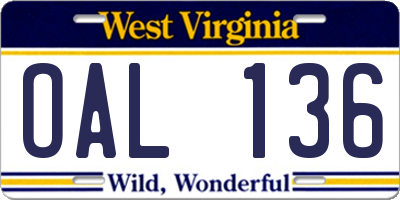 WV license plate OAL136