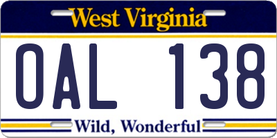 WV license plate OAL138