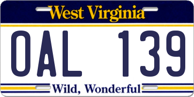 WV license plate OAL139