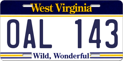 WV license plate OAL143